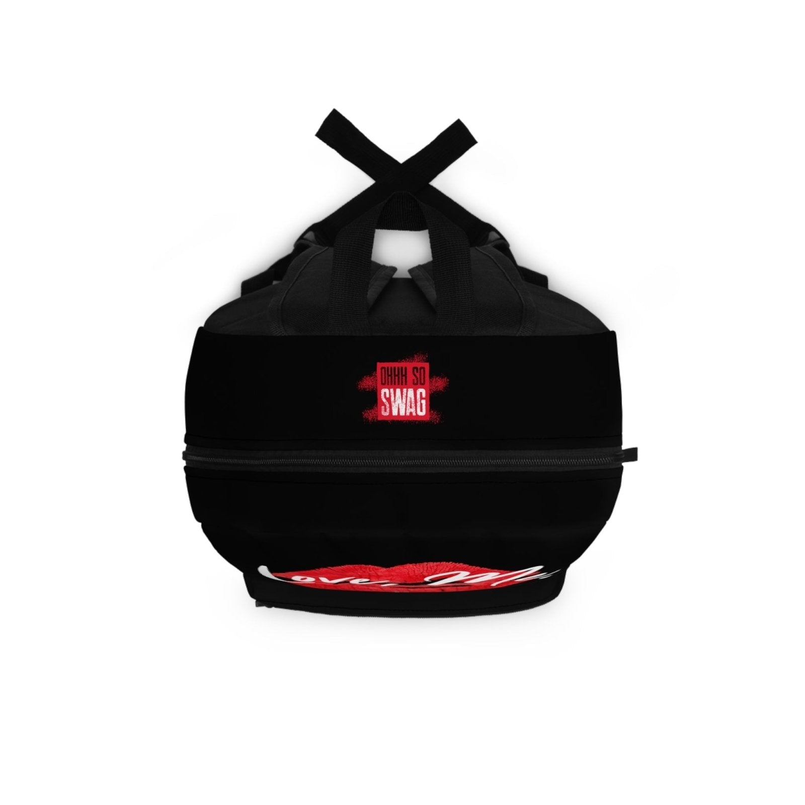 Black Graphic Backpack with Laptop Pocket, Red Kiss Lips, Green Heart – Love, Me. | US - Ohhh So Swag
