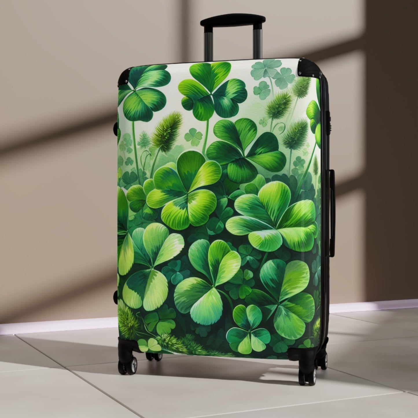 Hard Shell Green Shamrock Suitcase with Lock and Swivel Wheels, Four Leaf Clover Luggage, Custom Gift for Travelers | CA - Ohhh So Swag