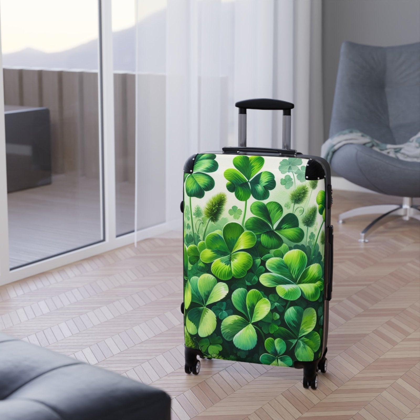 Hard Shell Green Shamrock Suitcase with Lock and Swivel Wheels, Four Leaf Clover Luggage, Custom Gift for Travelers | CA - Ohhh So Swag