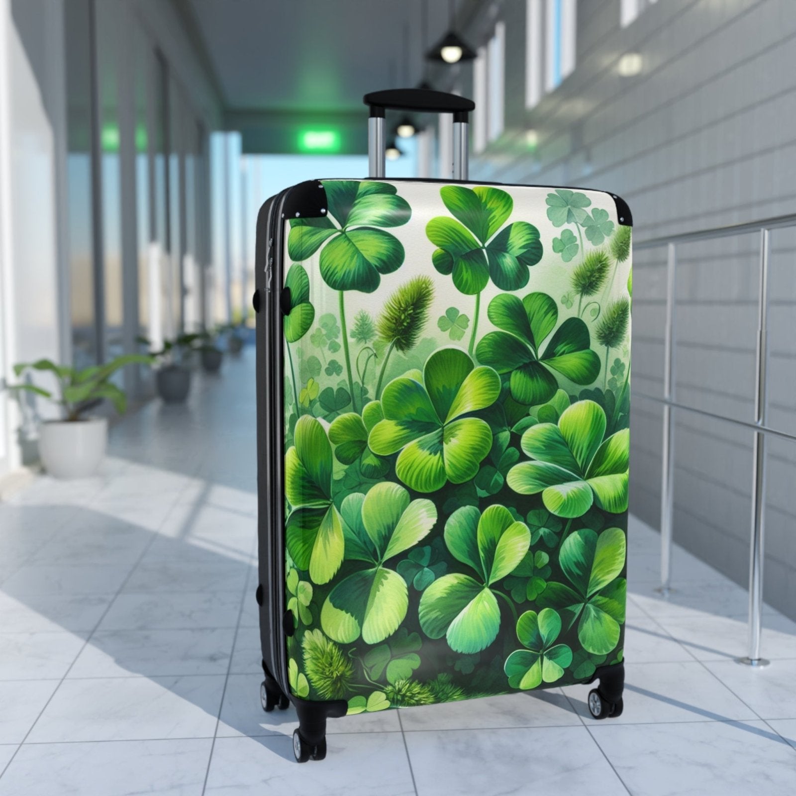 Hard Shell Green Shamrock Suitcase with Lock and Swivel Wheels, Four Leaf Clover Luggage, Custom Gift for Travelers | CA - Ohhh So Swag