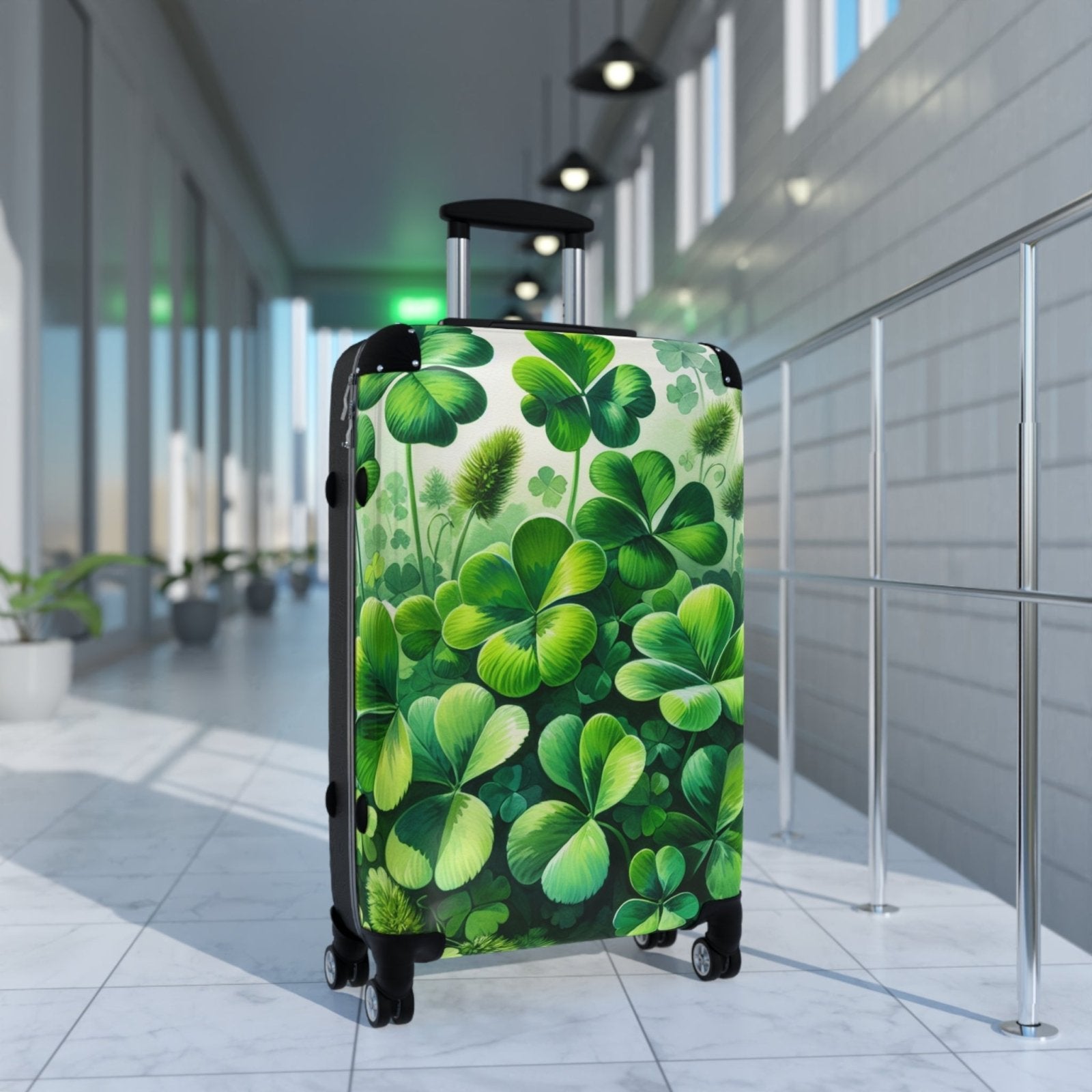Hard Shell Green Shamrock Suitcase with Lock and Swivel Wheels, Four Leaf Clover Luggage, Custom Gift for Travelers | CA - Ohhh So Swag