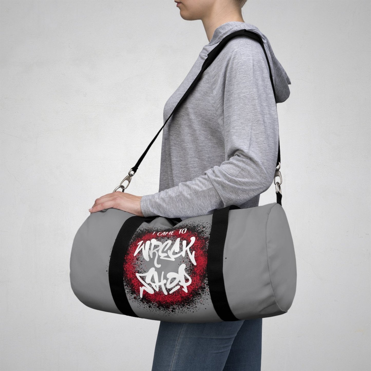 Light Grey Duffel Bag with I Came to Wreck Shop Text and Graffiti Design, Motivational and Hip Hop - Inspired | US - Ohhh So Swag