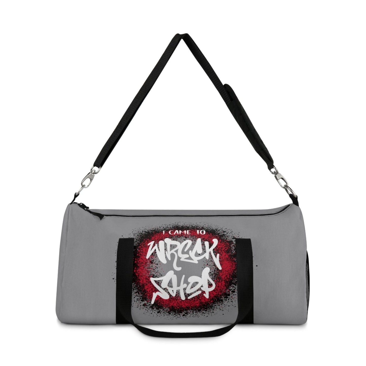 Light Grey Duffel Bag with I Came to Wreck Shop Text and Graffiti Design, Motivational and Hip Hop - Inspired | US - Ohhh So Swag