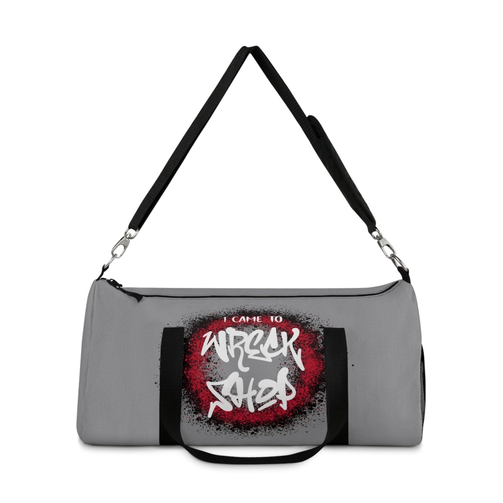 Light Grey Duffel Bag with I Came to Wreck Shop Text and Graffiti Design, Motivational and Hip Hop - Inspired | US - Ohhh So Swag