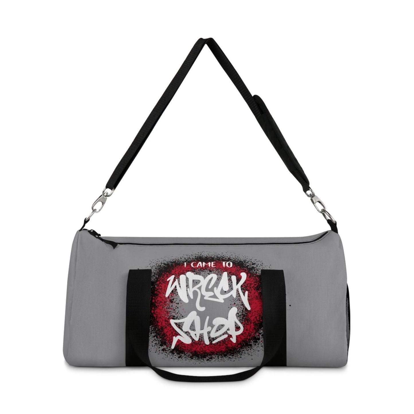 Light Grey Duffel Bag with I Came to Wreck Shop Text and Graffiti Design, Motivational and Hip Hop - Inspired | US - Ohhh So Swag