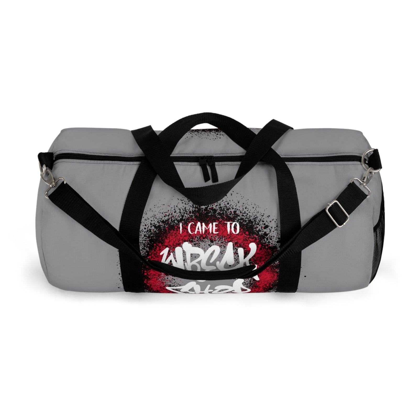 Light Grey Duffel Bag with I Came to Wreck Shop Text and Graffiti Design, Motivational and Hip Hop - Inspired | US - Ohhh So Swag