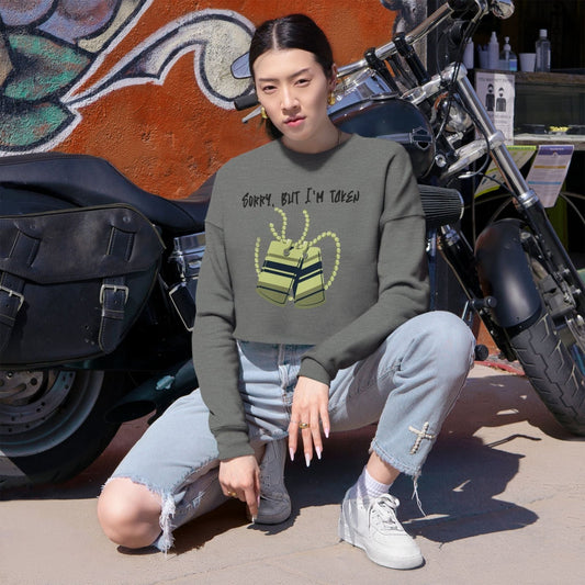 Deep Heather Long Sleeve Sorry But I'm Taken Crop Top Sweatshirt with Military Dog Tags Graphic | US - Ohhh So Swag