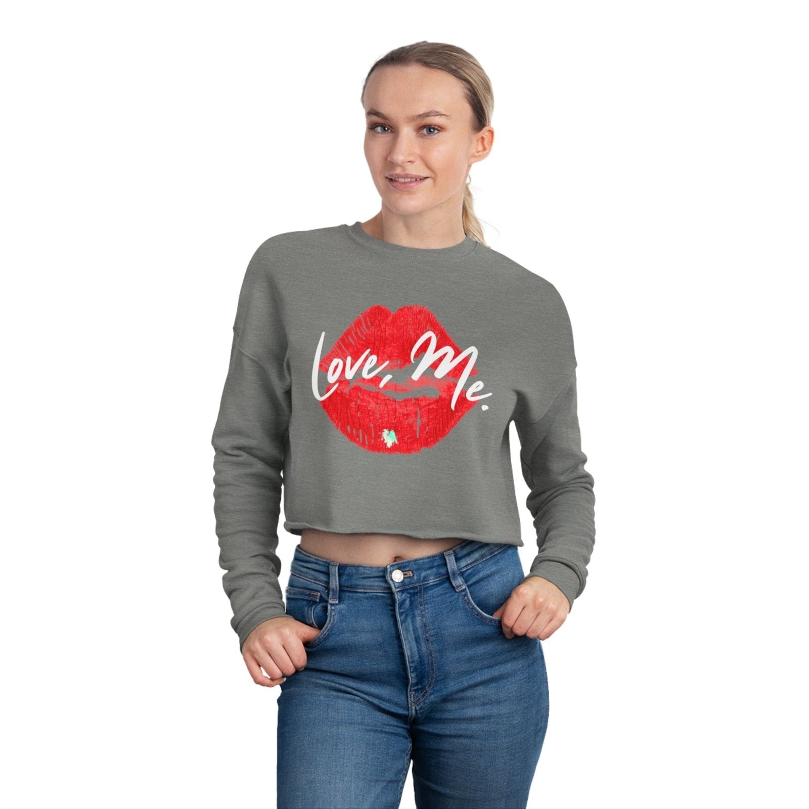 Long Sleeve Crop Top Sweatshirt, Red Kiss Lips, Green Heart - Love, Me. | US - Ohhh So Swag