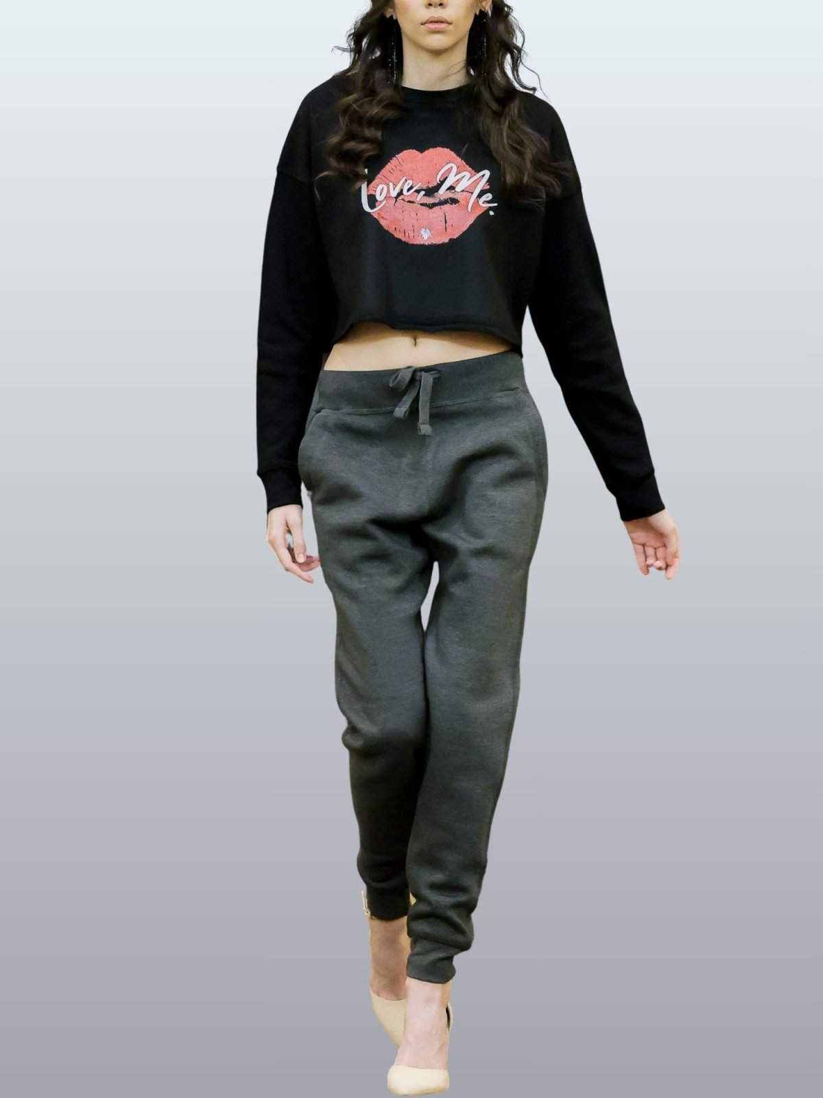Long Sleeve Crop Top Sweatshirt, Red Kiss Lips, Green Heart - Love, Me. | US - Ohhh So Swag
