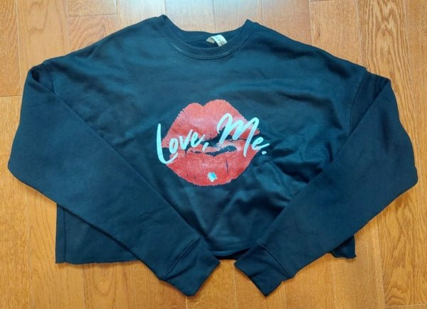 Long Sleeve Crop Top Sweatshirt, Red Kiss Lips, Green Heart - Love, Me. | US - Ohhh So Swag