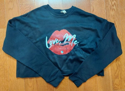 Long Sleeve Crop Top Sweatshirt, Red Kiss Lips, Green Heart - Love, Me. | US - Ohhh So Swag