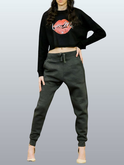 Long Sleeve Crop Top Sweatshirt, Red Kiss Lips, Green Heart - Love, Me. | US - Ohhh So Swag