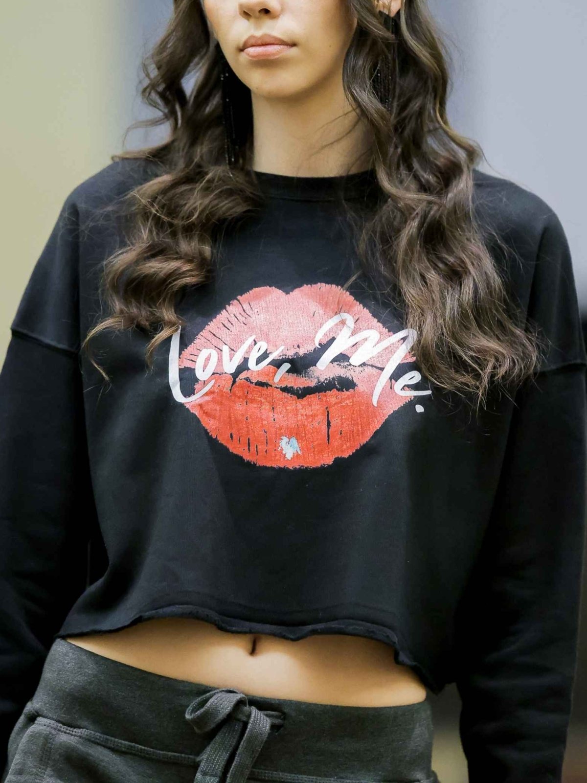 Long Sleeve Crop Top Sweatshirt, Red Kiss Lips, Green Heart - Love, Me. | US - Ohhh So Swag