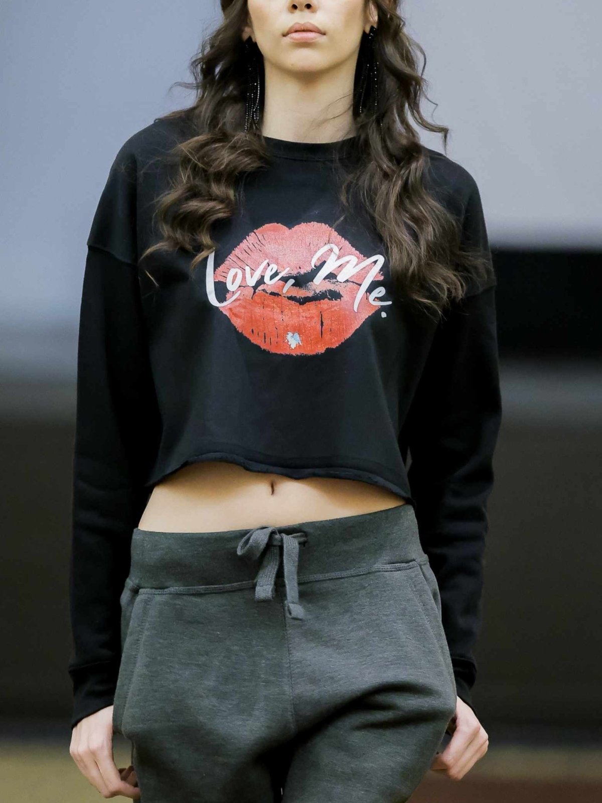 Long Sleeve Crop Top Sweatshirt, Red Kiss Lips, Green Heart - Love, Me. | US - Ohhh So Swag