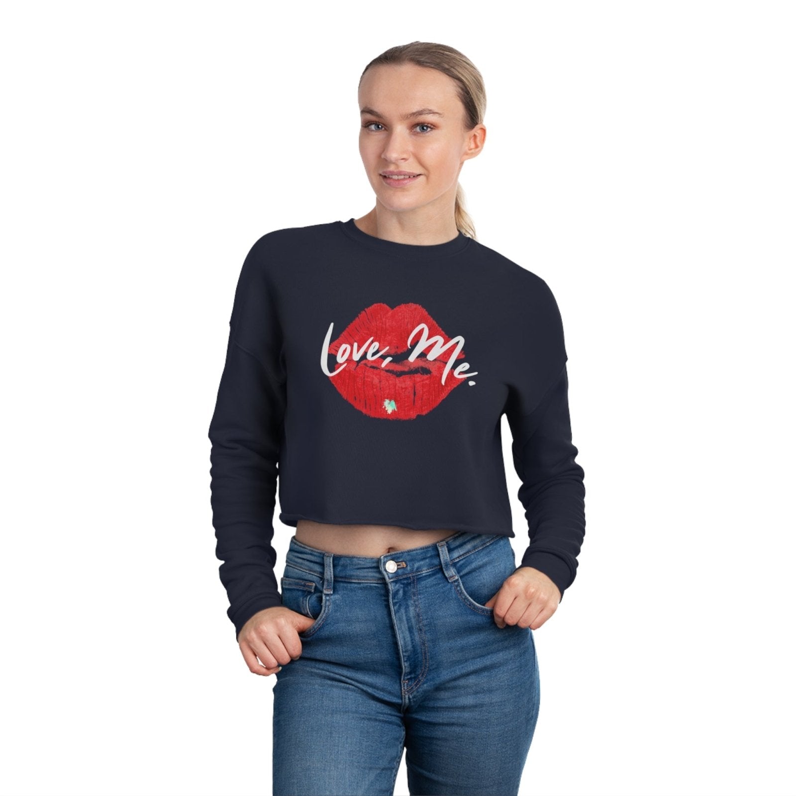 Long Sleeve Crop Top Sweatshirt, Red Kiss Lips, Green Heart - Love, Me. | US - Ohhh So Swag