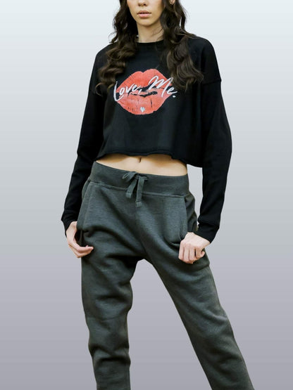Long Sleeve Crop Top Sweatshirt, Red Kiss Lips, Green Heart - Love, Me. | US - Ohhh So Swag