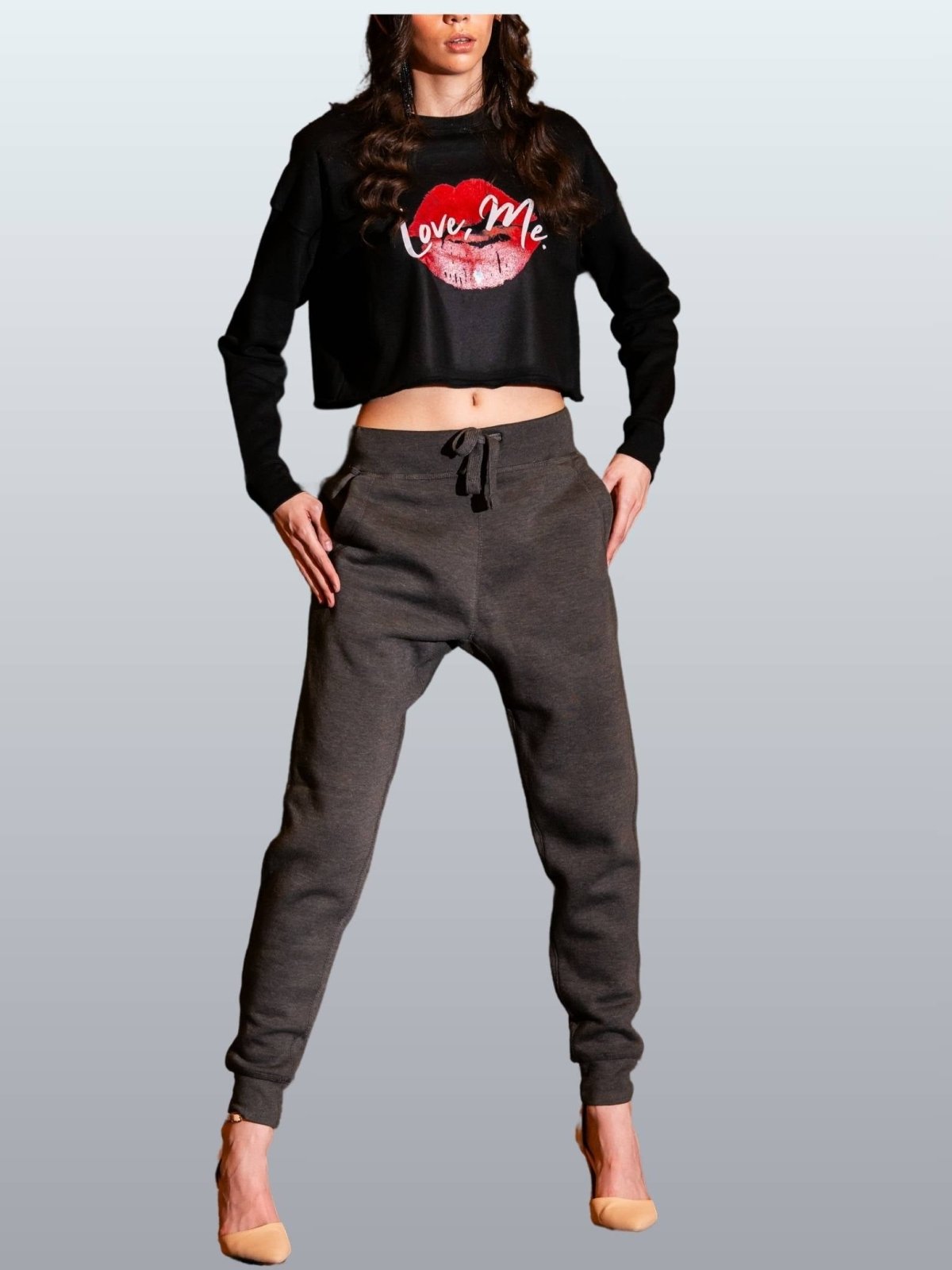 Long Sleeve Streetwear Crop Top, Red Kiss Lips, Purple Heart - Love, Me. | US - Ohhh So Swag