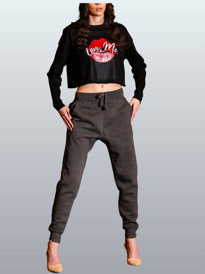 Long Sleeve Streetwear Crop Top, Red Kiss Lips, Purple Heart - Love, Me. | US - Ohhh So Swag
