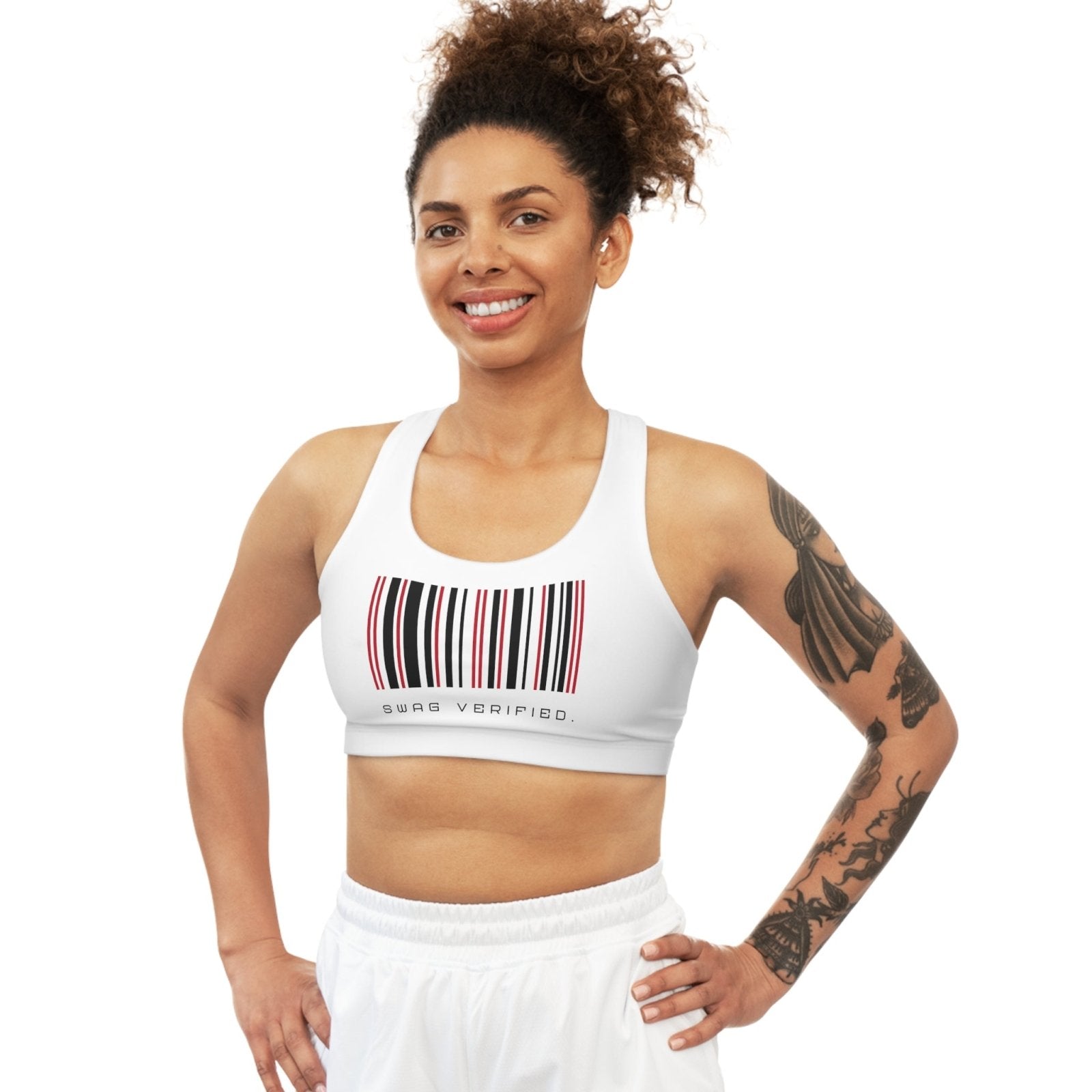 Medium Support White Sports Bra - Swag Verified. Barcode | US - Ohhh So Swag