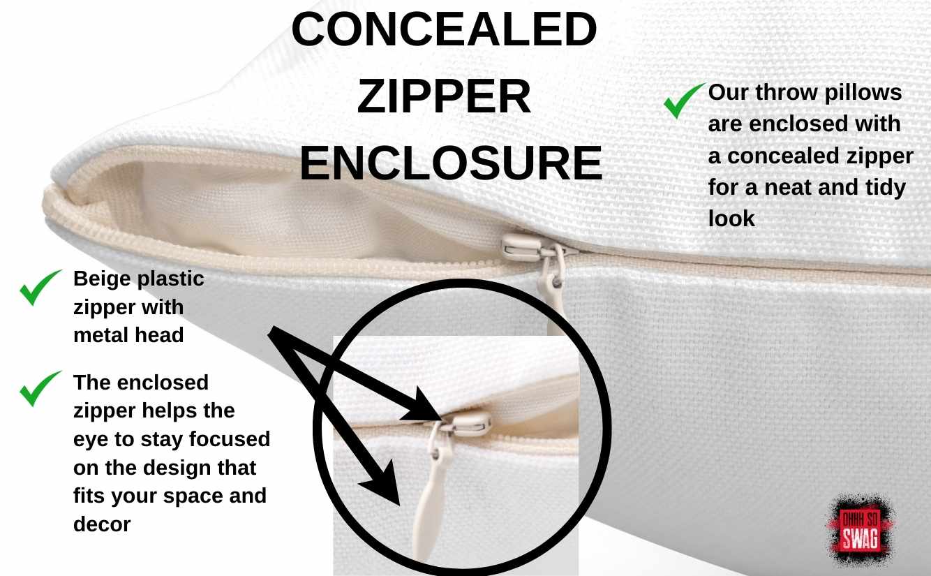 Close up view of white throw pillow with concealed zipper enclosure and text explaining feature.