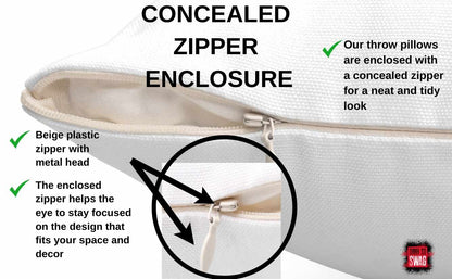 Close up view of white throw pillow with concealed zipper enclosure and text explaining feature.
