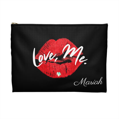 Personalized Black Cosmetic Pouch, Toiletry Bag (Large) — Love, Me. Red Lips, Green Heart | US - Ohhh So Swag