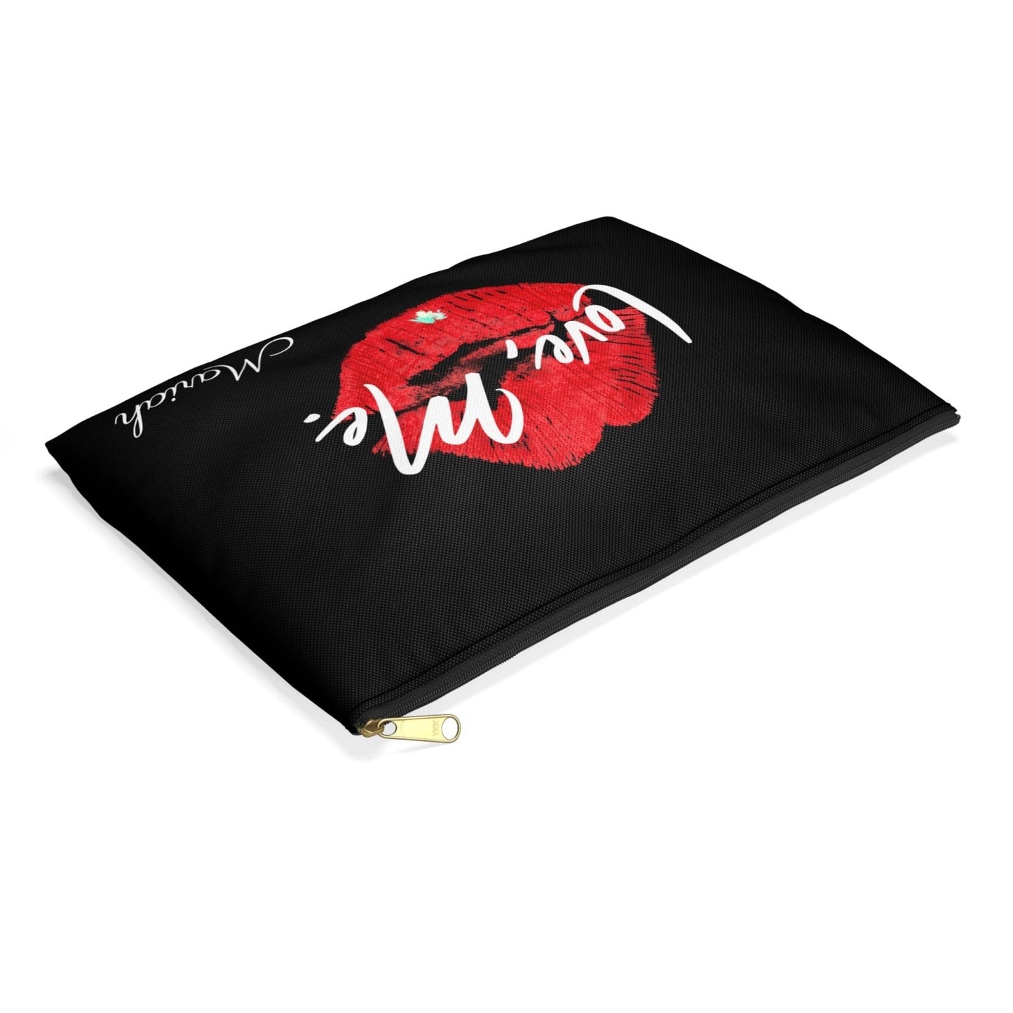 Personalized Black Cosmetic Pouch, Toiletry Bag (Large) — Love, Me. Red Lips, Green Heart | US - Ohhh So Swag