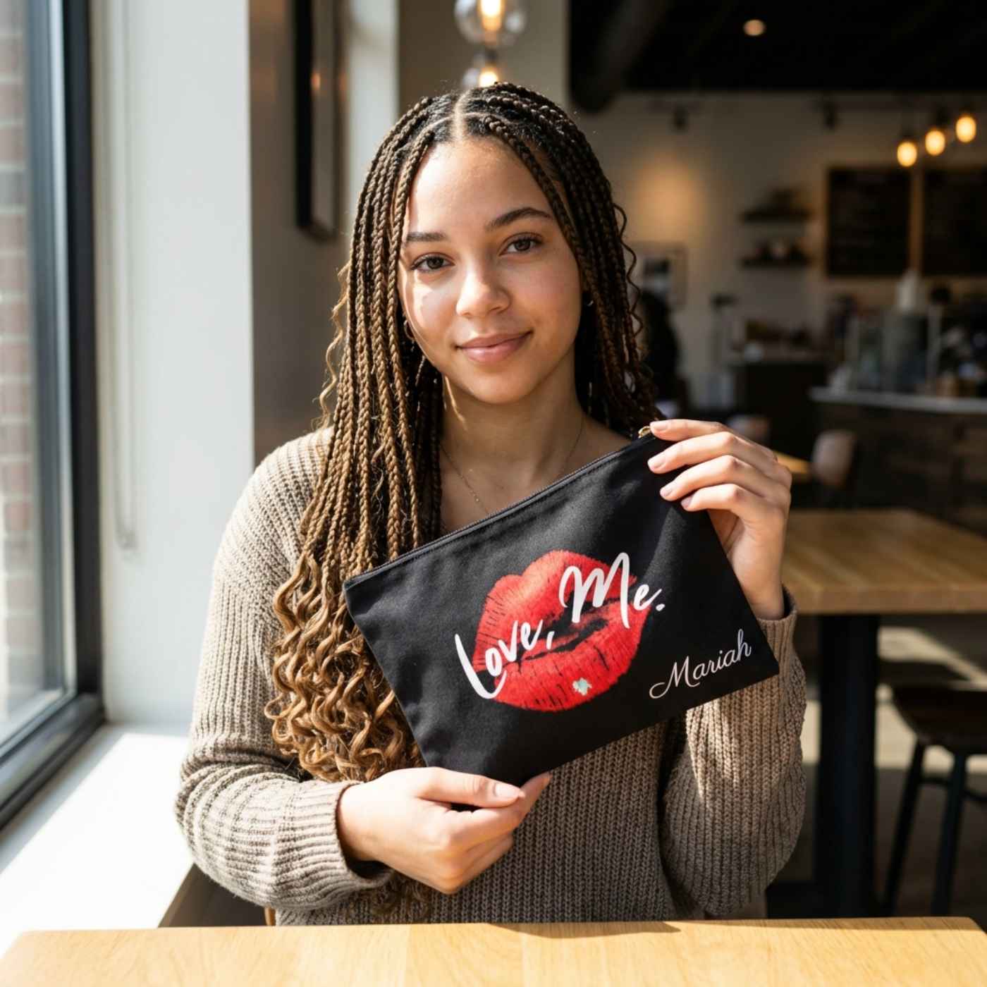 Personalized Black Cosmetic Pouch, Toiletry Bag (Large) — Love, Me. Red Lips, Green Heart | US - Ohhh So Swag