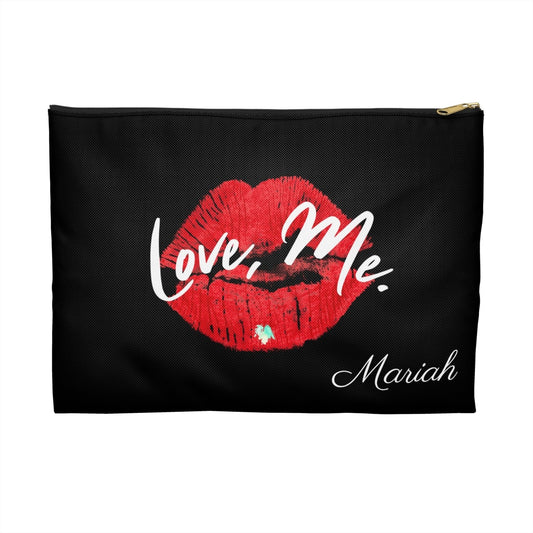 Personalized Black Cosmetic Pouch, Toiletry Bag (Large) — Love, Me. Red Lips, Green Heart | US - Ohhh So Swag