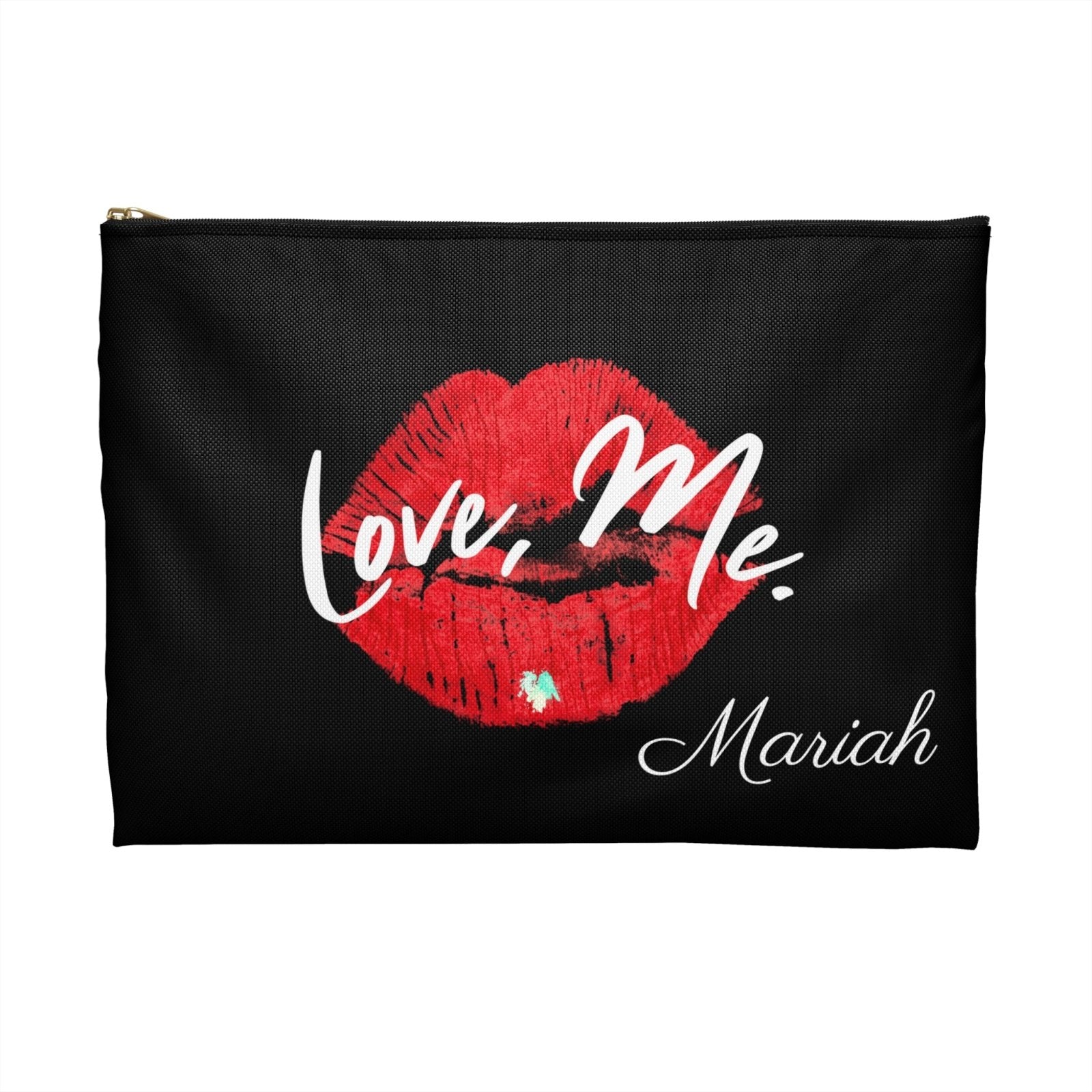 Personalized Black Makeup Bag, Toiletry Bag, Cosmetic Bag, Accessory Pouch – Love, Me. Red Lips/Green Heart | US - Ohhh So Swag