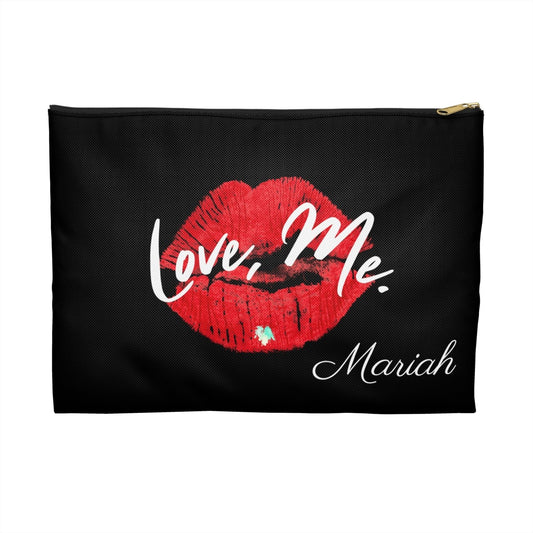 Personalized Black Makeup Bag, Toiletry Bag, Cosmetic Bag, Accessory Pouch – Love, Me. Red Lips/Green Heart | US - Ohhh So Swag