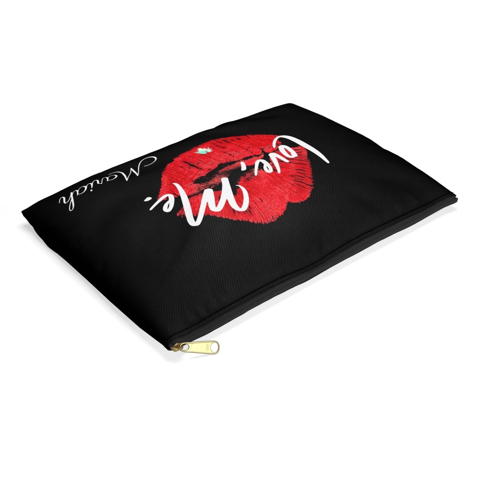 Personalized Black Makeup Bag, Toiletry Bag, Cosmetic Bag, Accessory Pouch – Love, Me. Red Lips/Green Heart | US - Ohhh So Swag