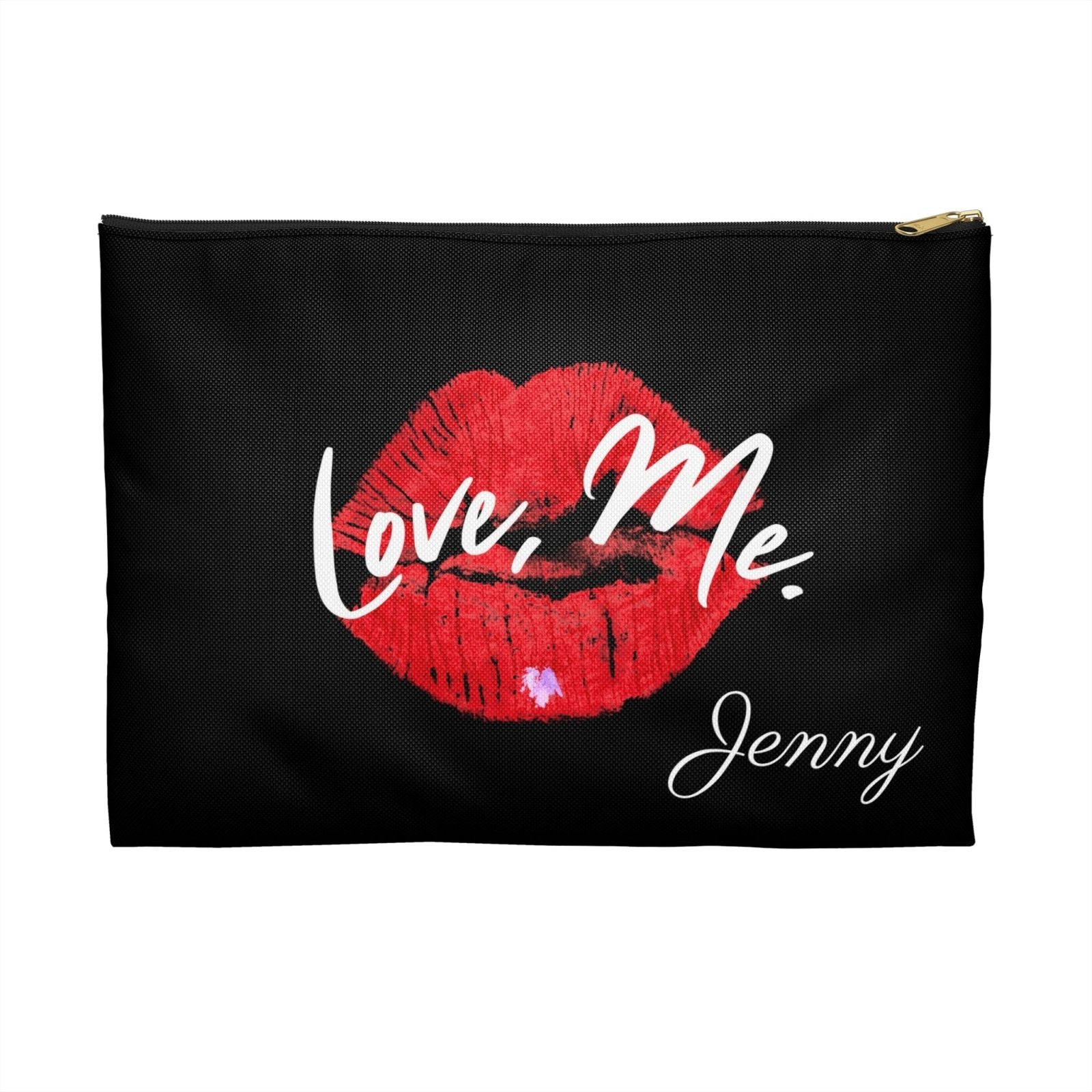 Personalized Black Makeup Bag, Toiletry Bag, Cosmetic Bag, Accessory Pouch – Love, Me. Red Lips/Purple Heart | US - Ohhh So Swag