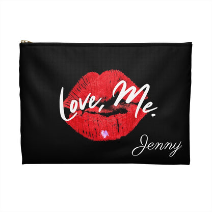 Personalized Black Makeup Bag, Toiletry Bag, Cosmetic Bag, Accessory Pouch – Love, Me. Red Lips/Purple Heart | US - Ohhh So Swag