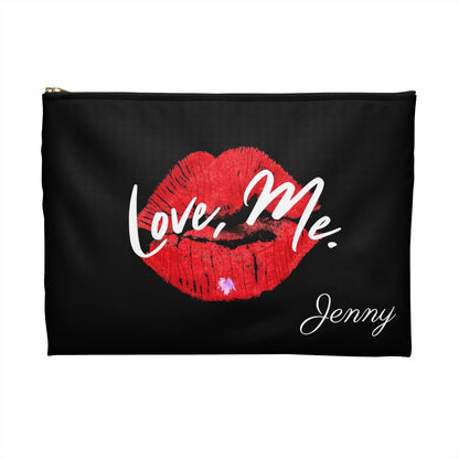 Personalized Black Toiletry Bag, Cosmetic Pouch (Large) — Love, Me. Red Lips, Purple Heart | US - Ohhh So Swag