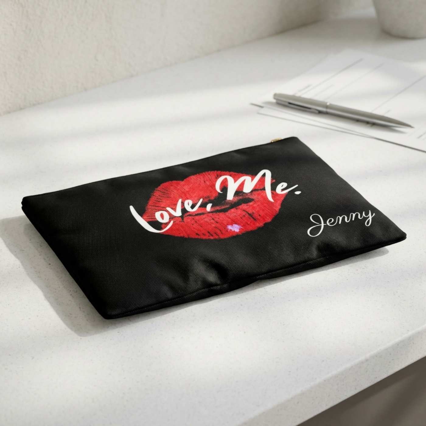 Personalized Black Toiletry Bag, Cosmetic Pouch (Large) — Love, Me. Red Lips, Purple Heart | US - Ohhh So Swag