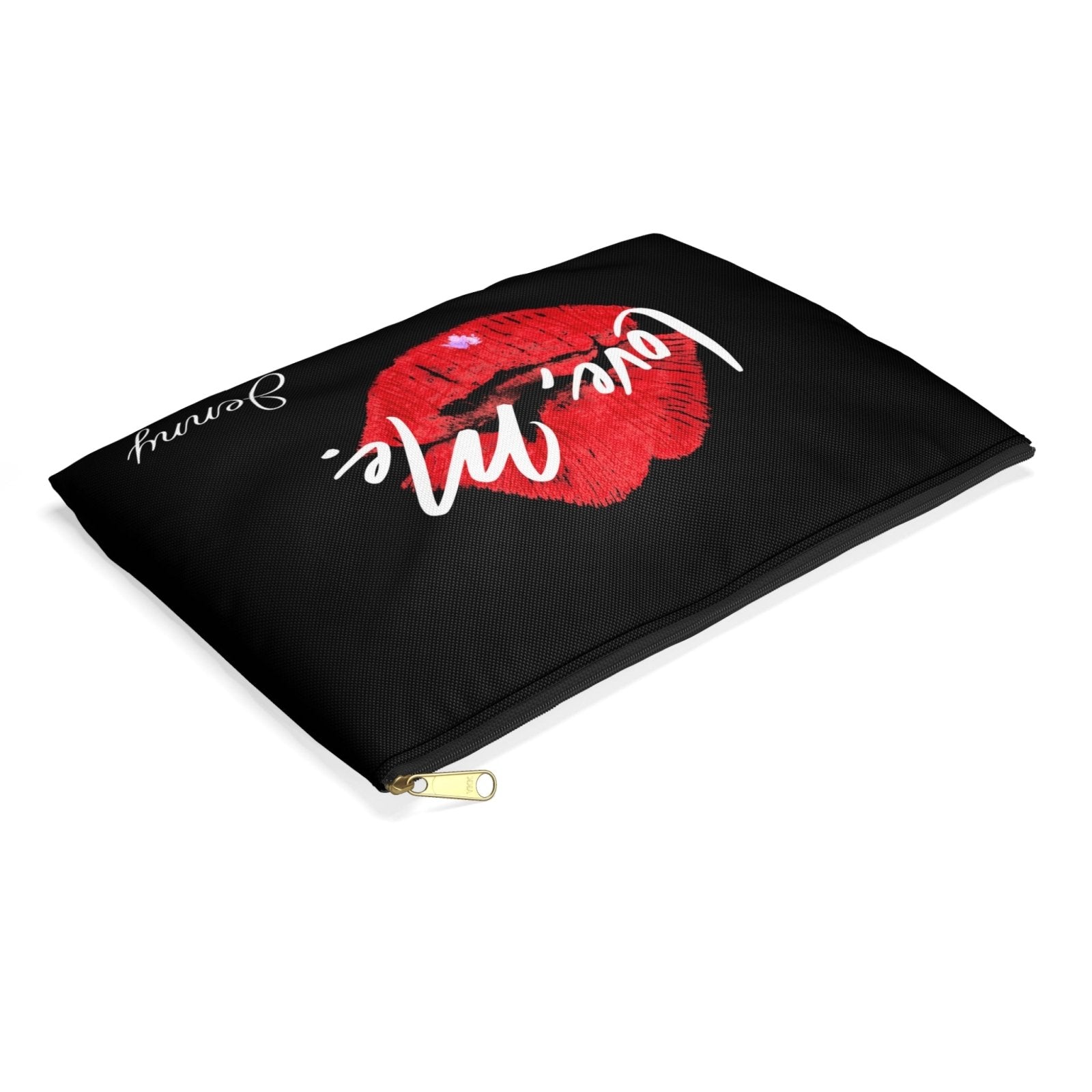 Personalized Black Toiletry Bag, Cosmetic Pouch (Large) — Love, Me. Red Lips, Purple Heart | US - Ohhh So Swag