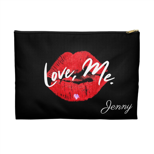 Personalized Black Toiletry Bag, Cosmetic Pouch (Large) — Love, Me. Red Lips, Purple Heart | US - Ohhh So Swag