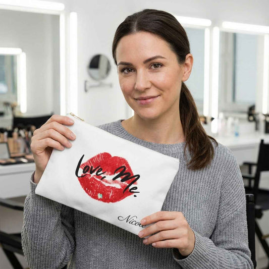 Personalized White Accessory Pouch, Makeup Bag (Large) — Love, Me. Red Lips, Green Heart | US - Ohhh So Swag