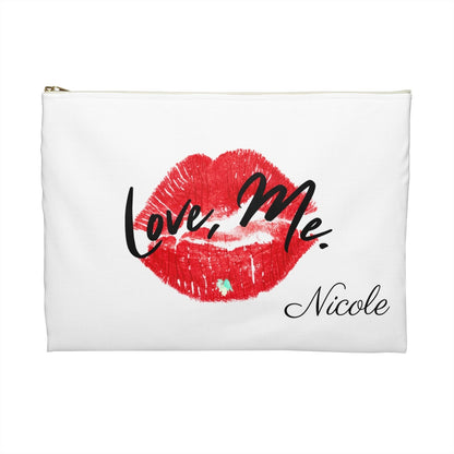 Personalized White Makeup Bag, Toiletry Bag, Cosmetic Bag, Accessory Pouch – Love, Me. Red Lips/Green Heart | US - Ohhh So Swag