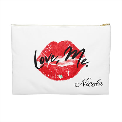 Personalized White Makeup Bag, Toiletry Bag, Cosmetic Bag, Accessory Pouch – Love, Me. Red Lips/Green Heart | US - Ohhh So Swag