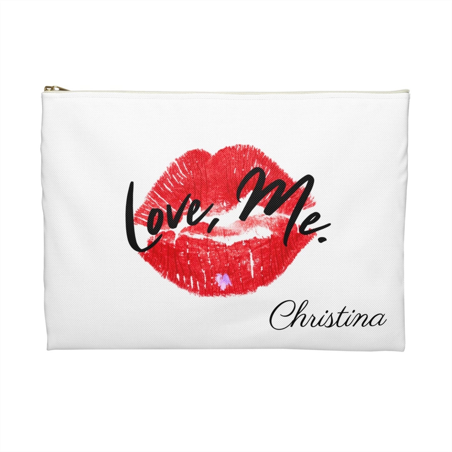 Personalized White Makeup Pouch, Toiletry Pouch, Cosmetic Pouch, Accessory Bag - Love, Me. Red Lips Purple Heart | US - Ohhh So Swag