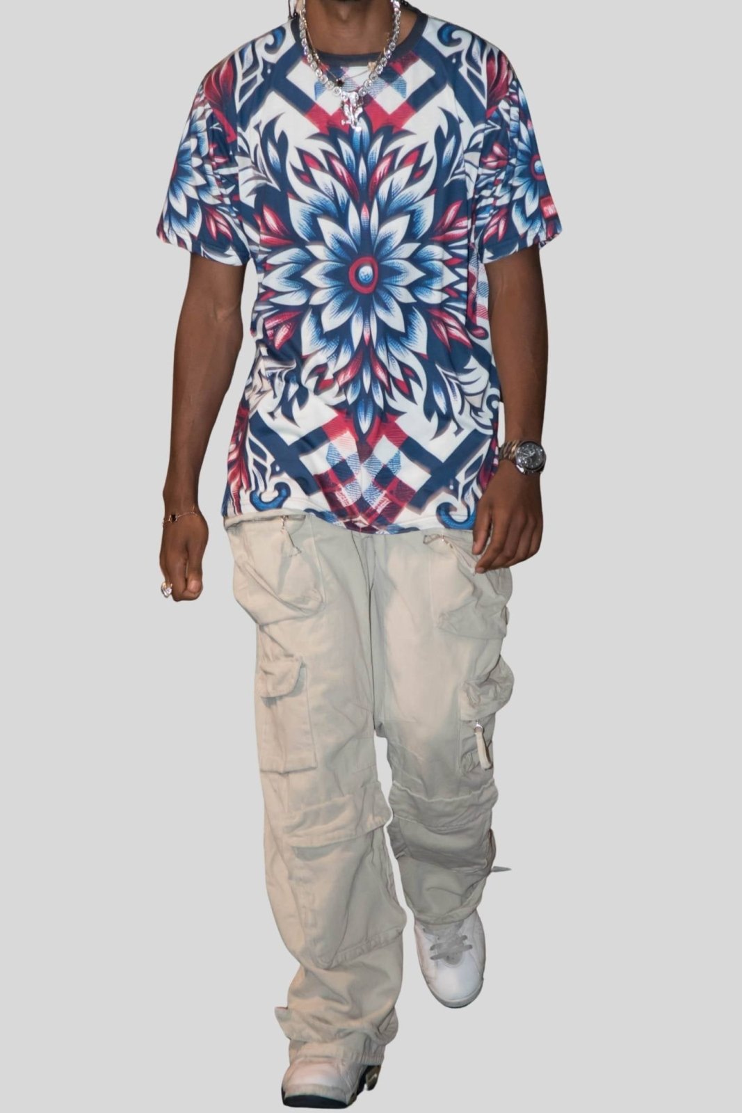 Plaid Floral Pattern Graphic Tee for Men Women, Red White and Blue Unisex Premium Casual Short Sleeve Crew Neck T-Shirt | US - Ohhh So Swag