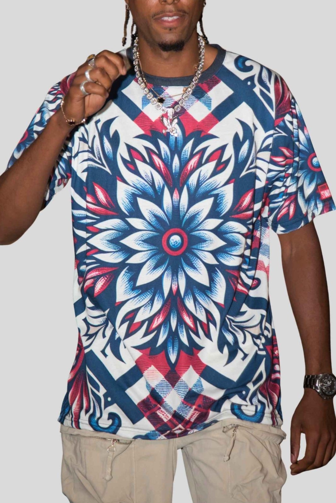 Plaid Floral Pattern Graphic Tee for Men Women, Red White and Blue Unisex Premium Casual Short Sleeve Crew Neck T-Shirt | US - Ohhh So Swag