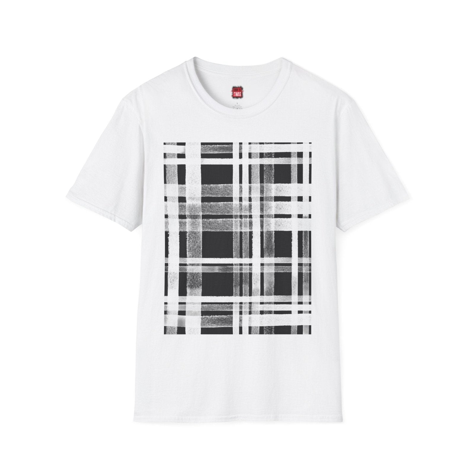 Plaid Print Graphic Tee for Men Women, Short Sleeve Cotton Unisex Streetwear Crew Neck T-Shirt, Black and White Tartan Print | US - Ohhh So Swag