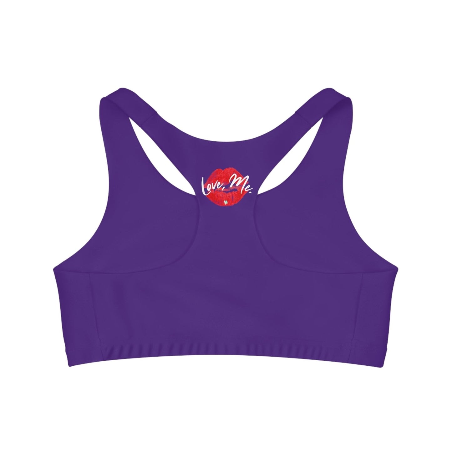 Purple Sports Bra, Medium Support, Red Kiss Lips, Green Heart - Love, Me. | US - Ohhh So Swag