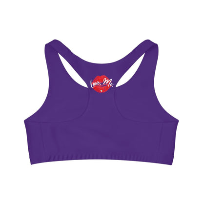 Purple Sports Bra, Medium Support, Red Kiss Lips, Green Heart - Love, Me. | US - Ohhh So Swag