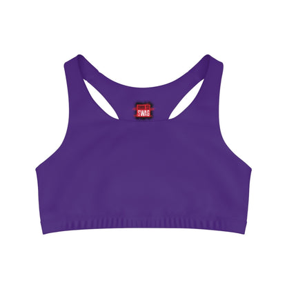 Purple Sports Bra, Medium Support, Red Kiss Lips, Green Heart - Love, Me. | US - Ohhh So Swag