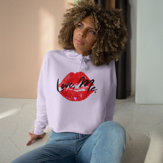Red Kiss Lips Crop Hoodie Self - Love Sweater with Purple Heart, Trendy Streetwear Top for Women, Valentine's Cropped Shirt | US - Ohhh So Swag