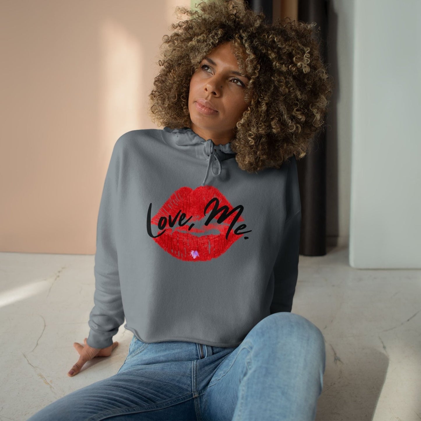 Red Kiss Lips Crop Hoodie Self - Love Sweater with Purple Heart, Trendy Streetwear Top for Women, Valentine's Cropped Shirt | US - Ohhh So Swag